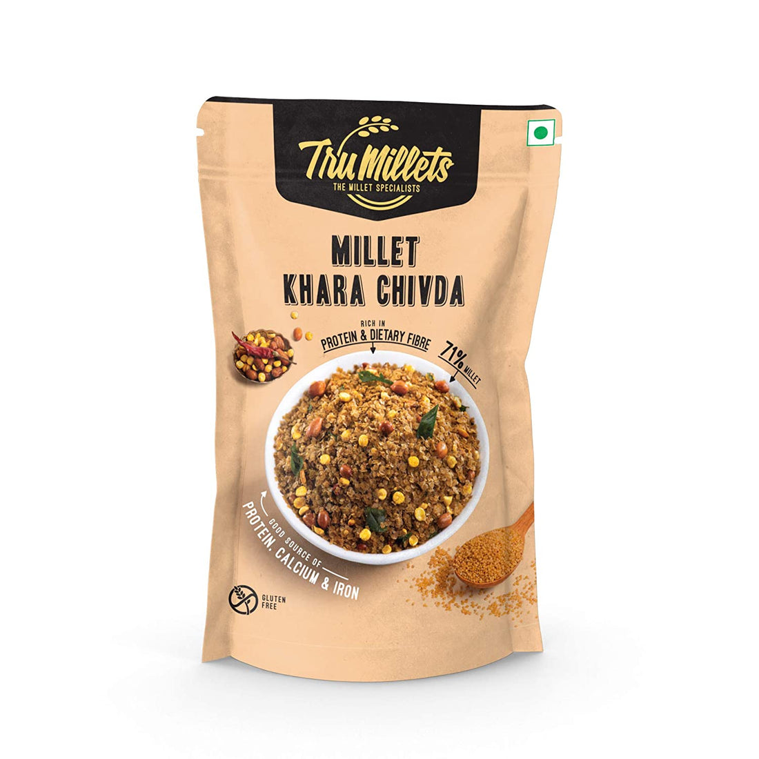 Millet Kara Chivda - 71% Millet - Natural - Indian - Gluten Free, High Protein, Rich Source of Calcium, Potassium, Iron, Zero Trans Fat &amp;amp; Cholesterol Free - TruMillets - 125gm