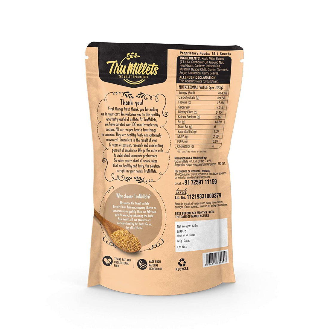 Millet Kara Chivda - 71% Millet - Natural - Indian - Gluten Free, High Protein, Rich Source of Calcium, Potassium, Iron, Zero Trans Fat &amp;amp; Cholesterol Free - TruMillets - 125gm