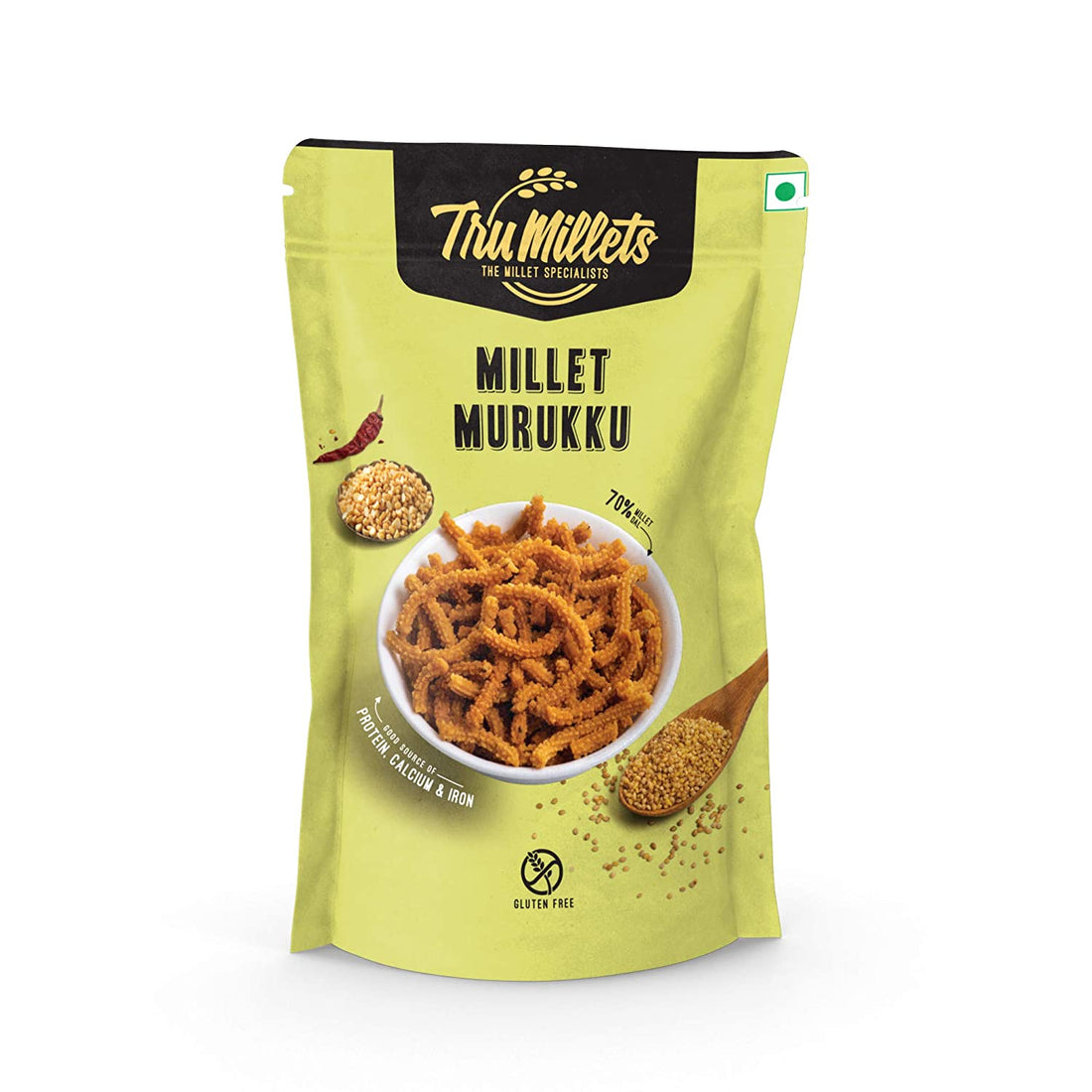 Millet Murukku - 70% Millet – Natural – Indian – Gluten Free, High Protein, Calcium, Potassium, Iron, Zero Trans Fat &amp; Cholesterol Free - TruMillets - 125gm