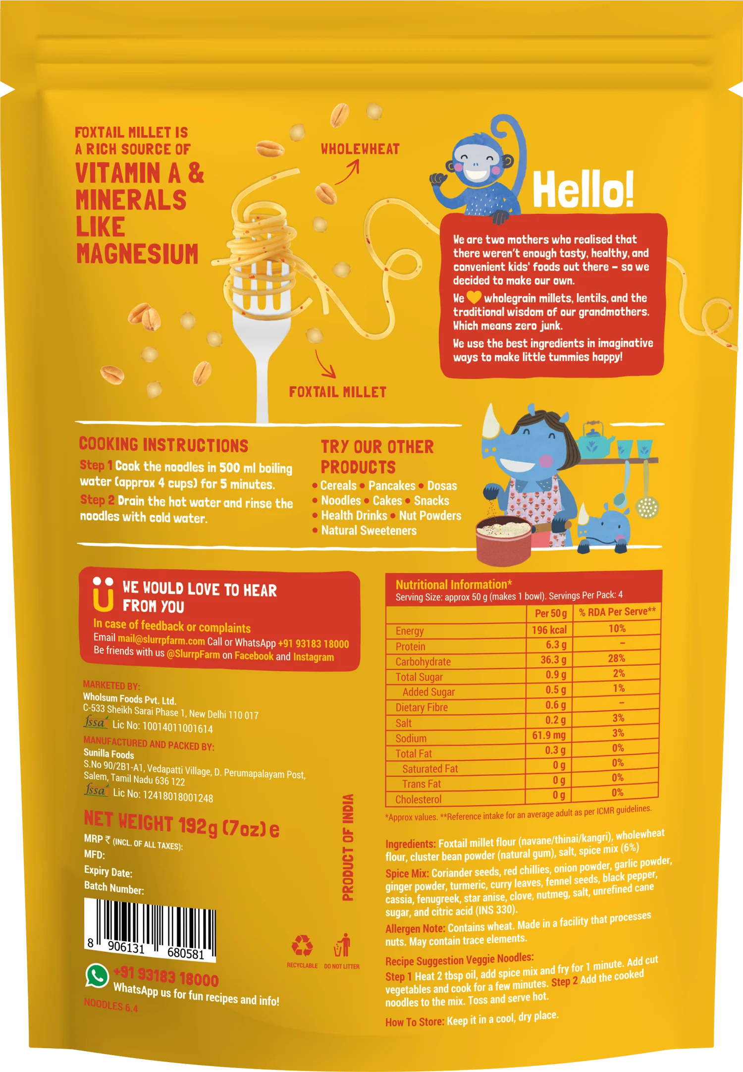 Noodles | Millet Noodles (Classic Masala) - No Refined Sugar, No Maida &amp;amp; Not Fried -  Slurrp Farm – 192gm