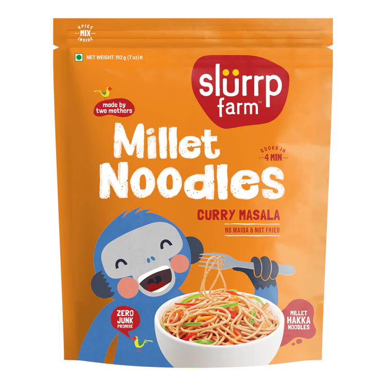 Noodles | Millet Noodles - Curry Masala - Sun Dried - No Refined Flour, Not Fried, Zero Maida, Preservatives, Artificial Colours, Flavours, Trans Fat & No Cholesterol - Slurrp Farm - 192gm