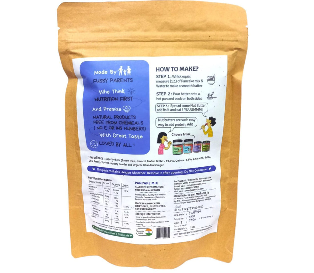 Pancake Mix | Millet &amp;amp; Quinoa (Classic) - Natural – Gluten Free, No Maida, Refined Sugar Free, No Added Baking Soda, Chemicals &amp;amp; No Added Preservatives - Jus’ Amazin – 250gm