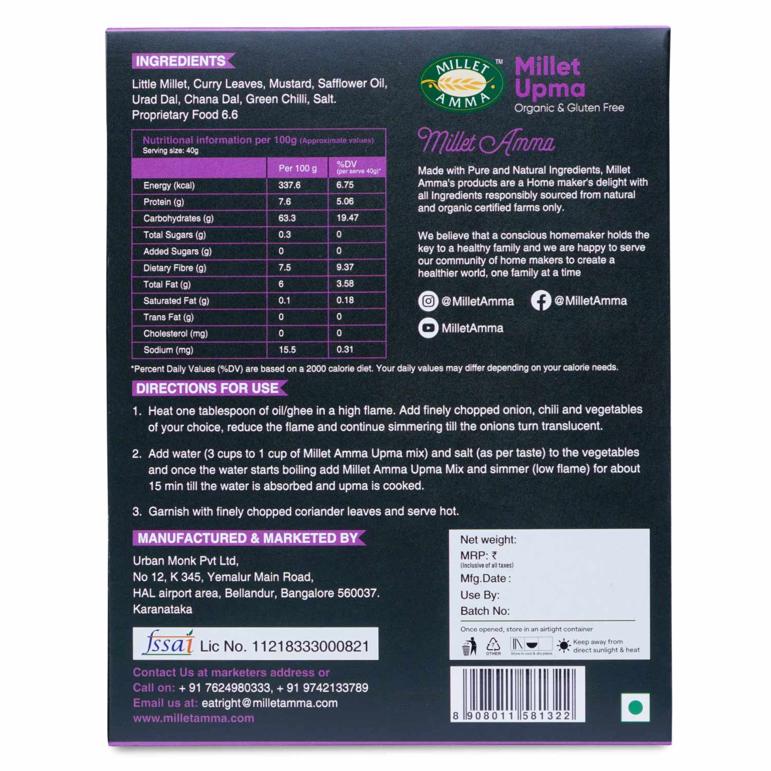 Millet Rava Upma Mix – Vegan &amp; Gluten Free – Millet Amma – 250gm