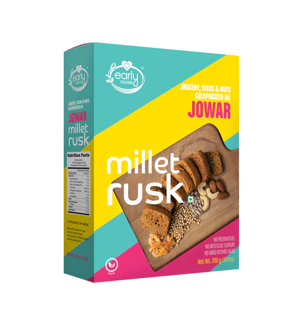Millet Rusk | Jowar (Jaggery, Seeds &amp;amp; Nuts) - All Natural - Cold Pressed Oil - Vegan, No Preservatives, No Added Refined Sugar &amp; No Salt - Early Food - 163gm