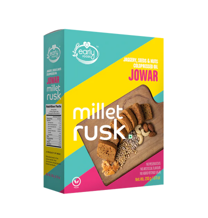 Millet Rusk | Jowar (Jaggery, Seeds &amp;amp; Nuts) - All Natural - Cold Pressed Oil - Vegan, No Preservatives, No Added Refined Sugar &amp; No Salt - Early Food - 163gm