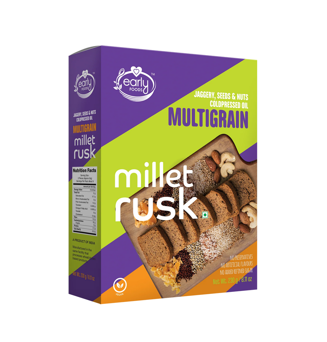 Millet Rusk | Multigrain (Jaggery, Seeds & Nuts) – All Natural – Cold Pressed Oil – Vegan, No Preservatives, No Added Refined Sugar & Salt – Early Food – 163gm