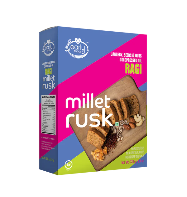 Millet Rusk | Ragi (Jaggery, Seeds &amp;amp; Nuts) – All Natural – Cold Pressed Oil – Vegan, No Preservatives, No Added Refined Sugar &amp;amp; Salt – Early Food – 230gm