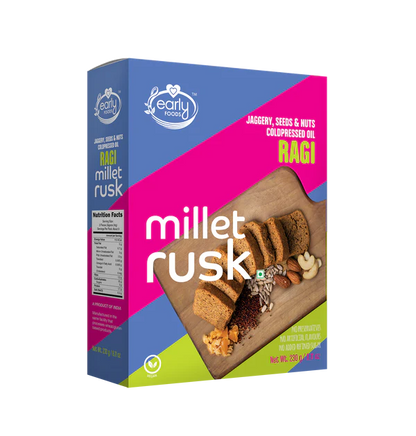 Millet Rusk | Ragi (Jaggery, Seeds &amp;amp; Nuts) – All Natural – Cold Pressed Oil – Vegan, No Preservatives, No Added Refined Sugar &amp;amp; Salt – Early Food – 230gm