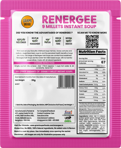 Millet Soup | Hot &amp;amp; Sour - Renegee (Instant) - 9 Millets - Gluten Free, Soy Free &amp; No Harmful Preservatives - Grami Superfoods - (12 Pack) - 240gm