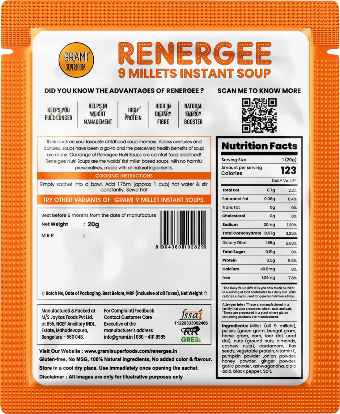 Millet Soup | Renegee Instant (Pumpkin) – 9 Millets – Gluten Free, Soy Free & No Harmful Preservatives – Grami Superfoods – (12 Pack) – 240gm