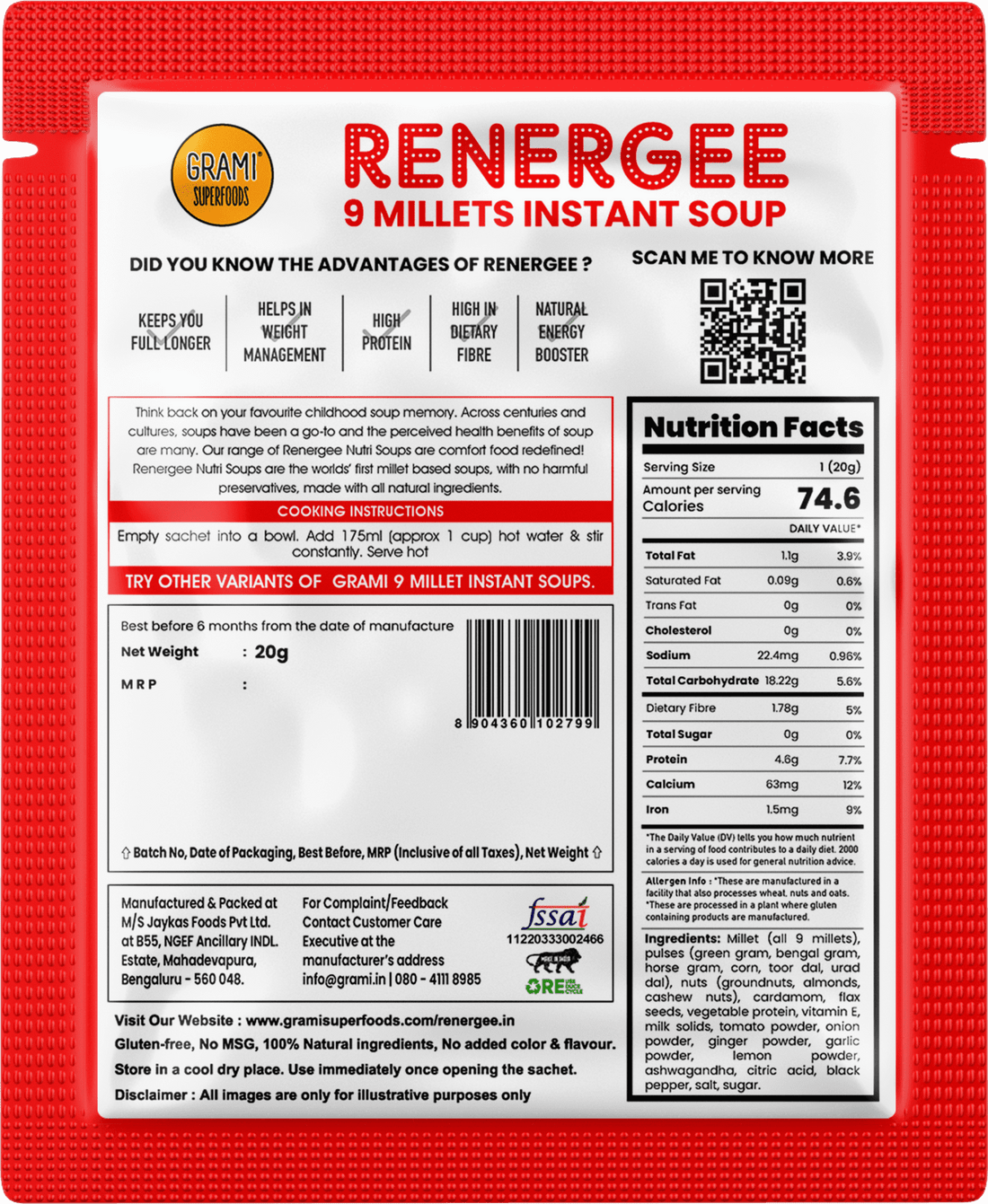 Millet Soup | Renegee Instant (Tomato) – 9 Millets – Gluten Free, Soy Free &amp; No Harmful Preservatives – Grami Superfoods – (12 Pack) – 240gm