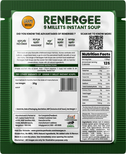 Millet Spinach Soup | Renegee (Instant) - 9 Millets - Gluten Free, Soy Free &amp;amp; No Harmful Preservatives - Grami Superfoods - (12 Pack) - 240gm