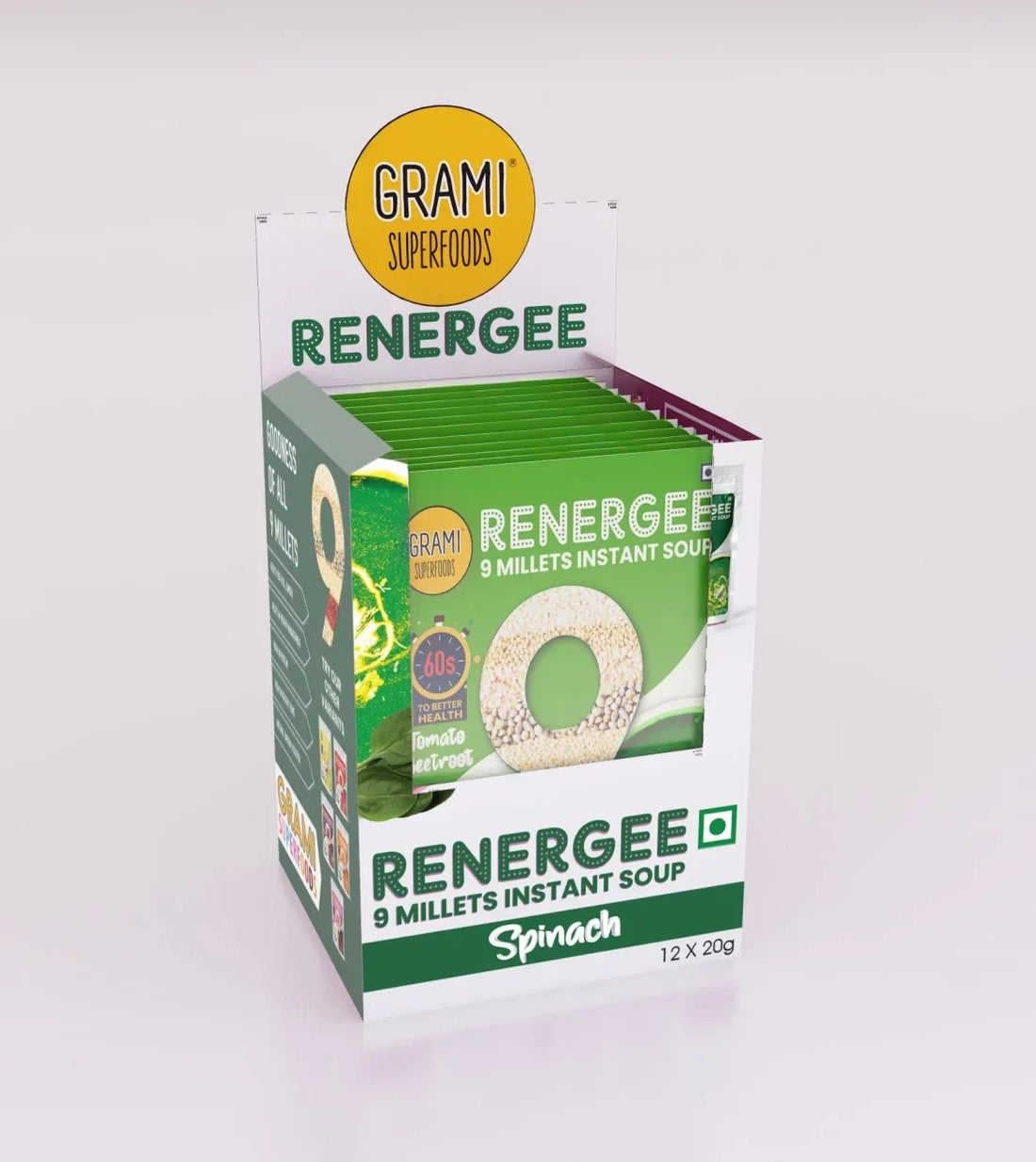 Millet Spinach Soup | Renegee (Instant) - 9 Millets - Gluten Free, Soy Free &amp;amp; No Harmful Preservatives - Grami Superfoods - (12 Pack) - 240gm