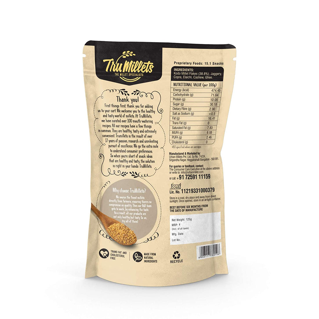 Millet Sweet Chivda -  38% Millet – Natural – Indian – Gluten Free, Calcium, Potassium, Iron, Zero Trans Fat &amp;amp; Cholesterol Free - TruMillets - 125gm
