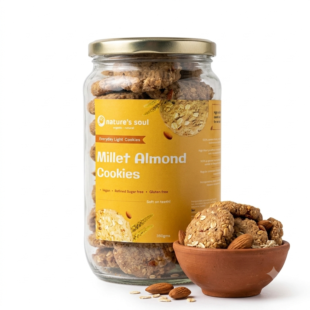 Cookies | Millet Almond Cookies -  Everyday Delight - Vegan, Gluten Free, Refined Sugar Free, No Stabilizers, No Emulsifiers, No Artificial Flavors &amp;amp; No Preservatives  - Nature&