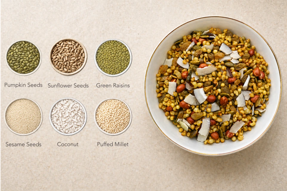 Chivda | Millet Chivda Granola (54% nuts-seeds)- Lite Savoury -Plant Based, Gluten Free, Vegan Friendly, Made using Coconut Sugar-No Added Refined Sugar, Zero Trans Fats -The Nibble box- 300gm