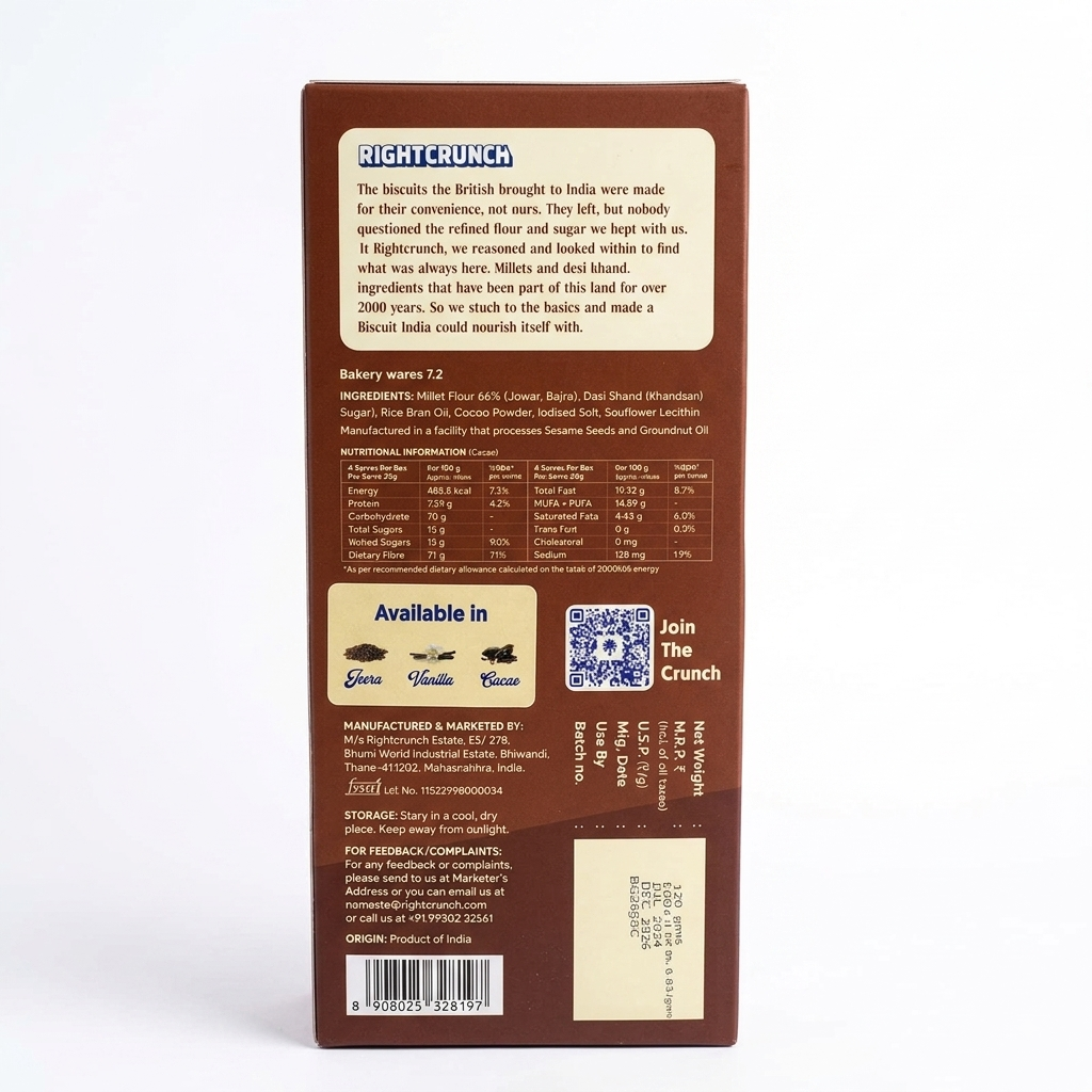 Millet Cracker - Cacao - 100% Millet Based Snack - Baked - Gluten Free - Right Crunch - 120gm