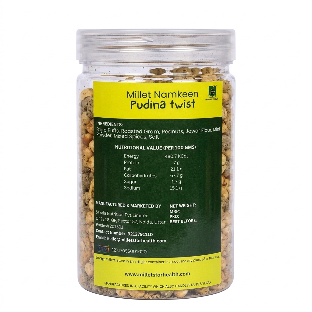 Namkeen | Millet Namkeen (Pudina Twist) - 70% Millet - Roasted Superfood - 100% Natural - 70% Millet - Gluten Free &amp; No Added Preservatives - Millet For Health - 150gm