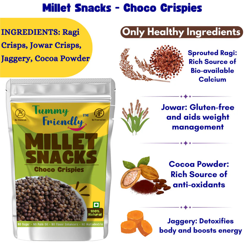 Millet Snacks | Choco Crispies – No Preservatives, No Chemicals, No Added Sugar, No Palm Oil – Tummy Friendly – 70gm