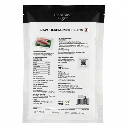 Fish | Raw Tilapia Mini Fillets - Antibiotics And Hormone Free - Cambay Tiger - 400gm
