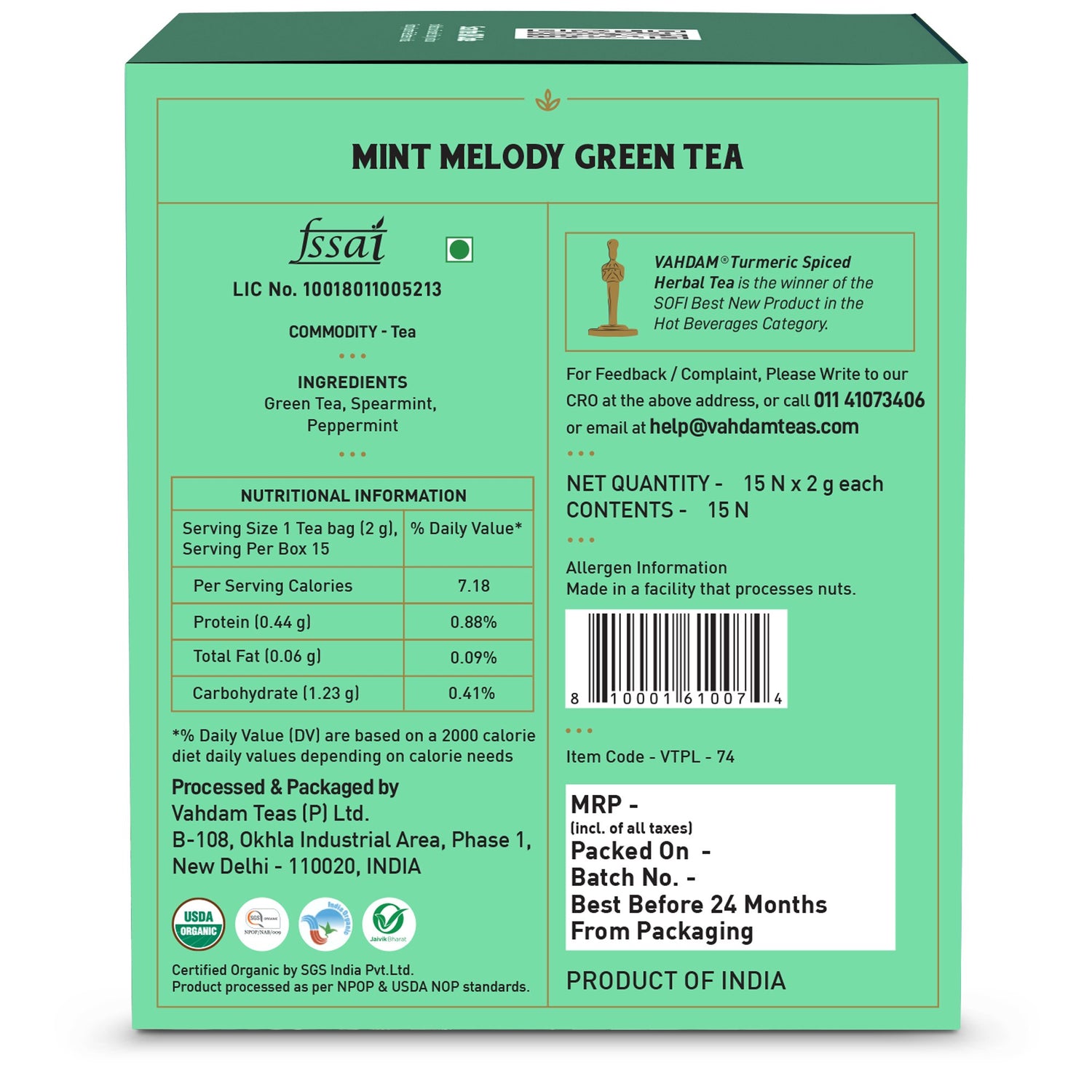 Mint Melody Green Tea – Vahdam – 15Tea Bags