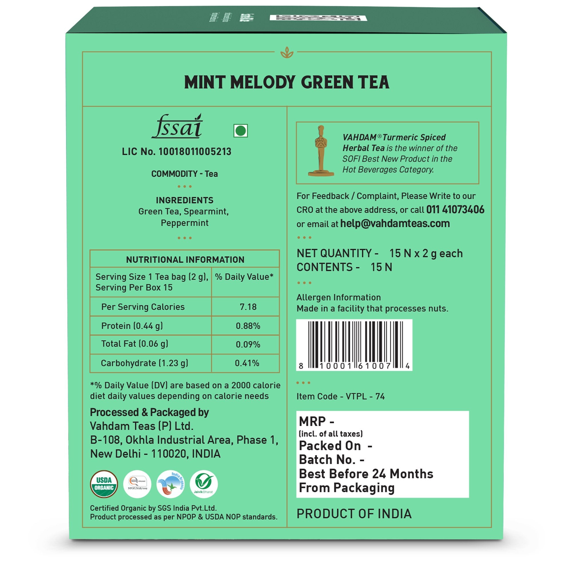 Mint Melody Green Tea – Vahdam – 15Tea Bags