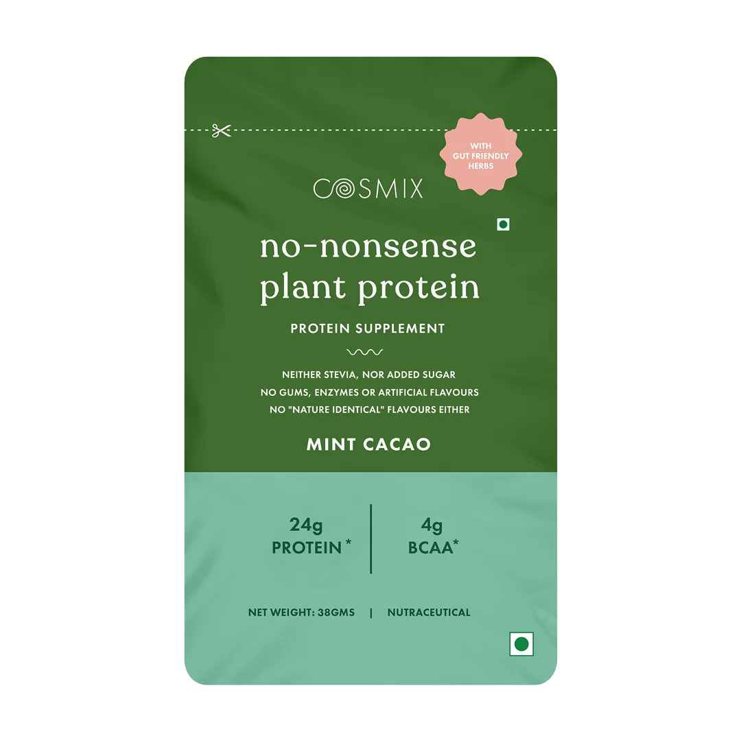 Protein Powder | Mint Cacao (Sachet)  Plant Protein (24gm Protein Per Serving) – No Nonsense -  Vegan, Gluten Free, Soy Free, No Trans Fat, No Added Sugar, Gums, Enzymes &amp; No Added Artificial Flavours – Cosmix – 38gm