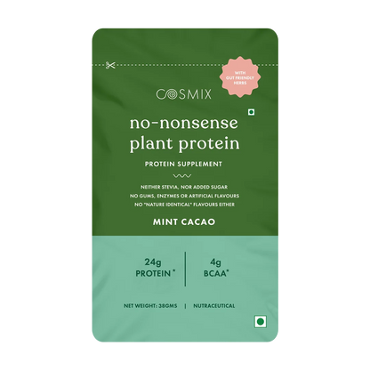Protein Powder | Mint Cacao (Sachet)  Plant Protein (24gm Protein Per Serving) – No Nonsense -  Vegan, Gluten Free, Soy Free, No Trans Fat, No Added Sugar, Gums, Enzymes &amp; No Added Artificial Flavours – Cosmix – 38gm