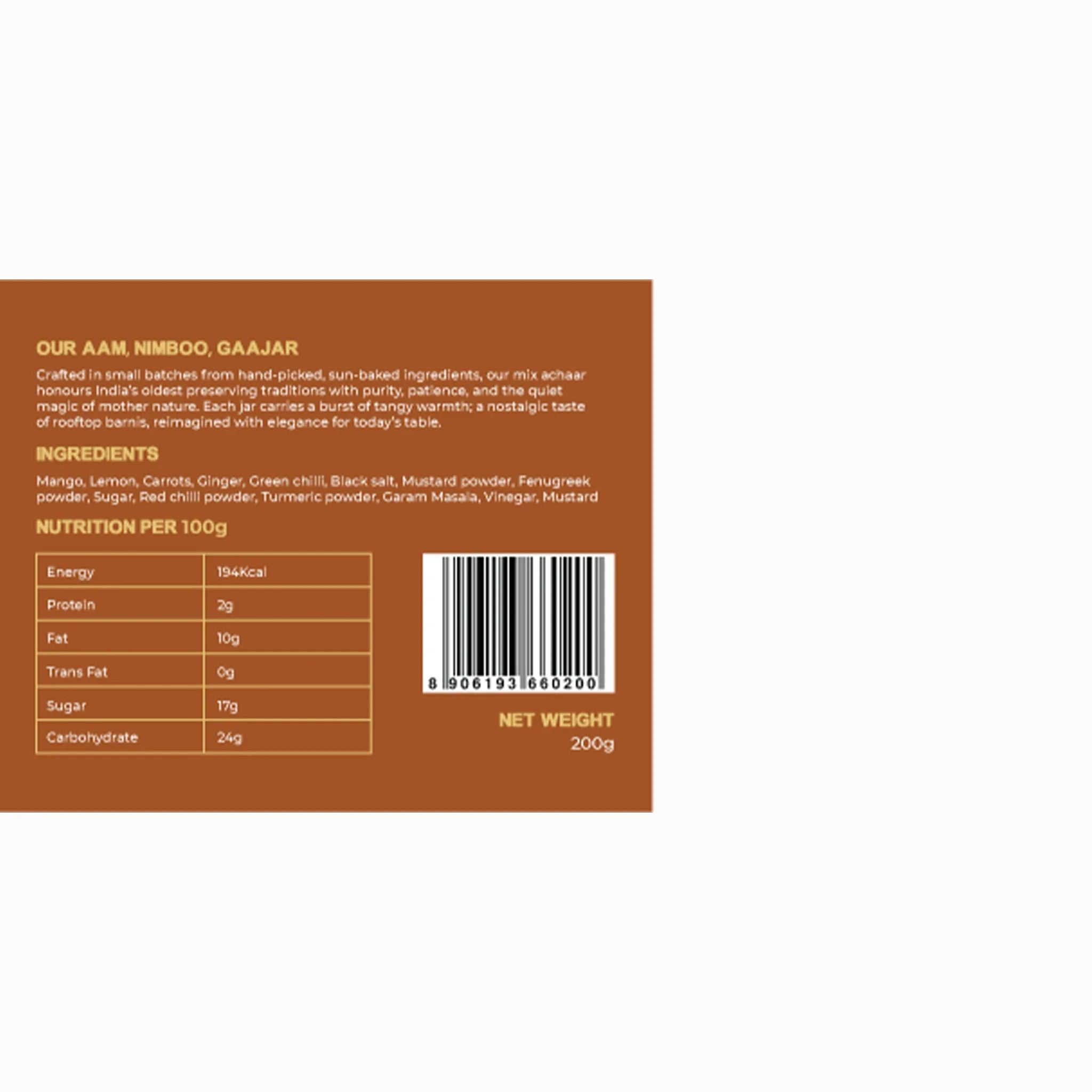 Pickle | Aam, Nimboo, Gaajar  Mixed Pickle- 100% Vegan - Preservative Free - Earth Story Farms- 200gm