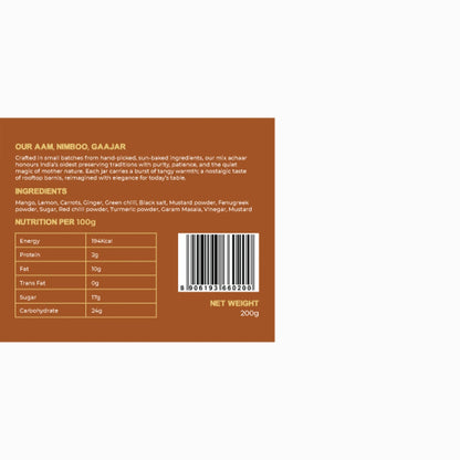 Pickle | Aam, Nimboo, Gaajar  Mixed Pickle- 100% Vegan - Preservative Free - Earth Story Farms- 200gm
