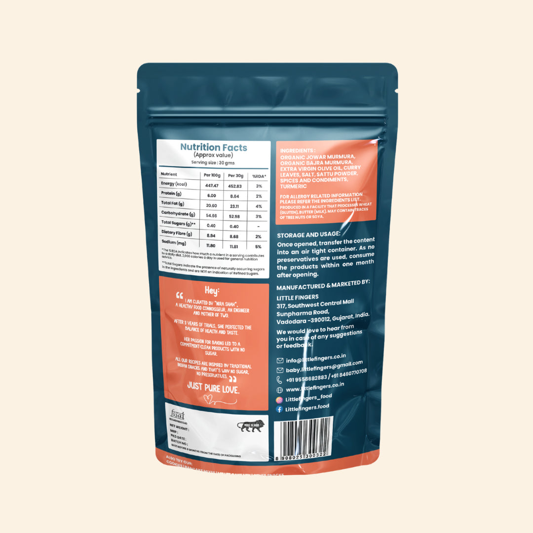 Murmura | Mixed Millet Murmura - Mix Bajara &amp; Jow ( Sorghum &amp; Pearl Millet) - Roasted Using Olive Oil – Gluten Free-  No Added Preservatives ,No Palm Oil, Refined Sugar –Little Fingers– 100gm