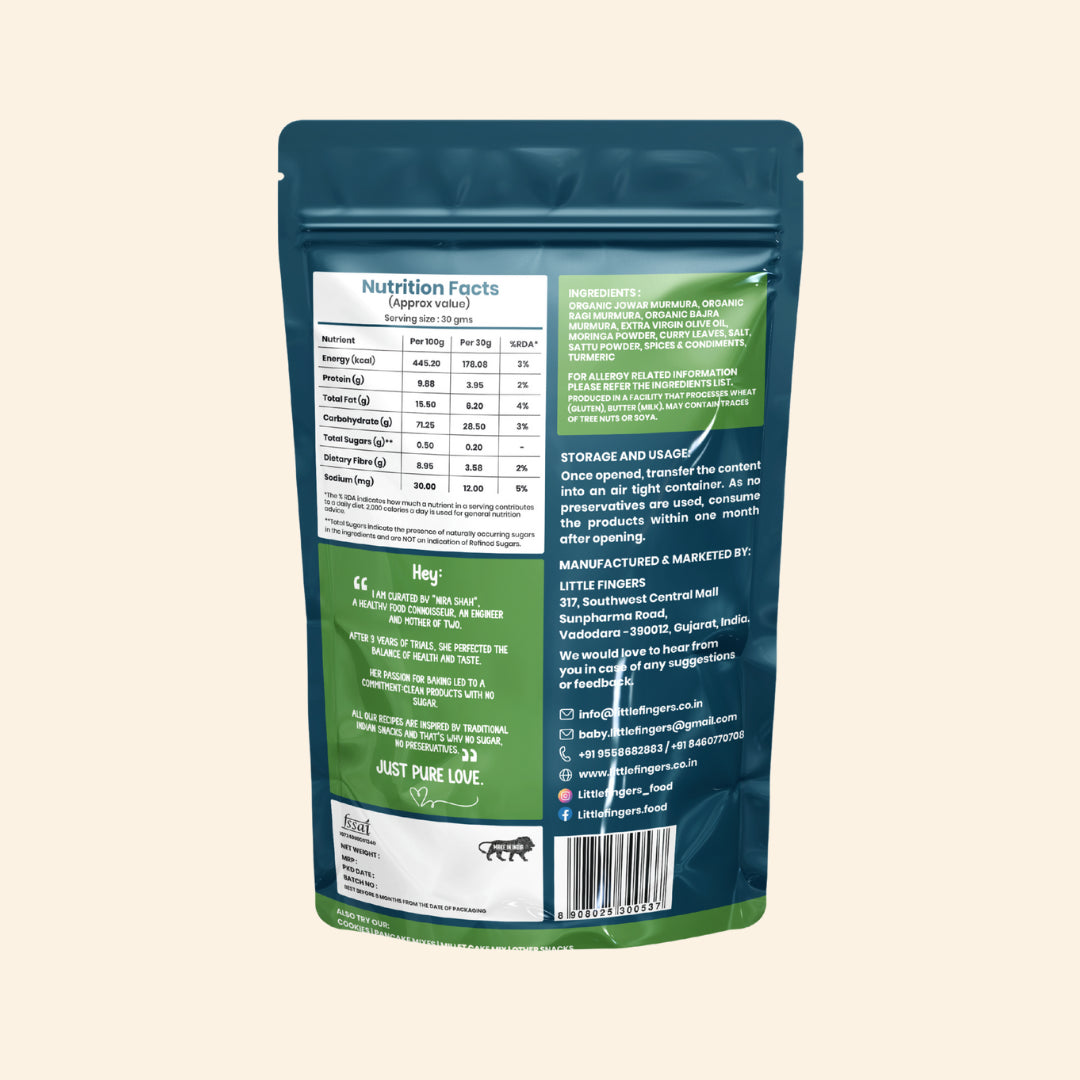 Murmura | Moringa Millet Mix (Spiced With Moringa)- Roasted Using Olive Oil – Gluten Free-  No Added Preservatives ,No Palm Oil, Refined Sugar –Little Fingers– 100gm
