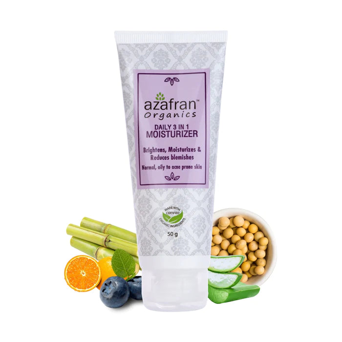 Moisturizer | Daily 3 In 1 - Brightens, Moisturizes Reduce Blemishes - Natural, Oily To Acne Prone Skin - Organic - Vegan, Cruelty Free, Paraben Free & Sulphate Free - Azafran - 50gm