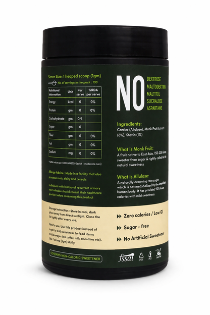 Monk Fruit Sweetener with Allulose &amp;  Stevia - Sugar Free  -Zero Calorie, Sugar Free - No Added Preservatives, No Artificial sweeteners  -Zeeero - 100gm