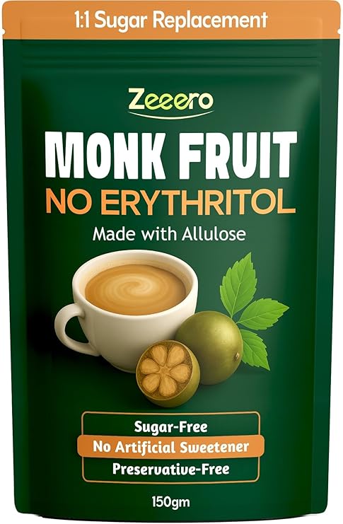 Monk Fruit Sweetener without Erythritol - Monk Fruit Extract with Allulose -Monk Fruit powder  - No Added Preservatives, No Artificial sweeteners  -Zeeero - 150gm