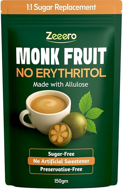 Monk Fruit Sweetener without Erythritol - Monk Fruit Extract with Allulose -Monk Fruit powder  - No Added Preservatives, No Artificial sweeteners  -Zeeero - 150gm