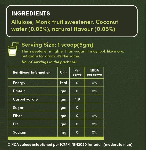 Monk Fruit Sweetener without Erythritol - Monk Fruit Extract with Allulose -Monk Fruit powder  - No Added Preservatives, No Artificial sweeteners  -Zeeero - 150gm