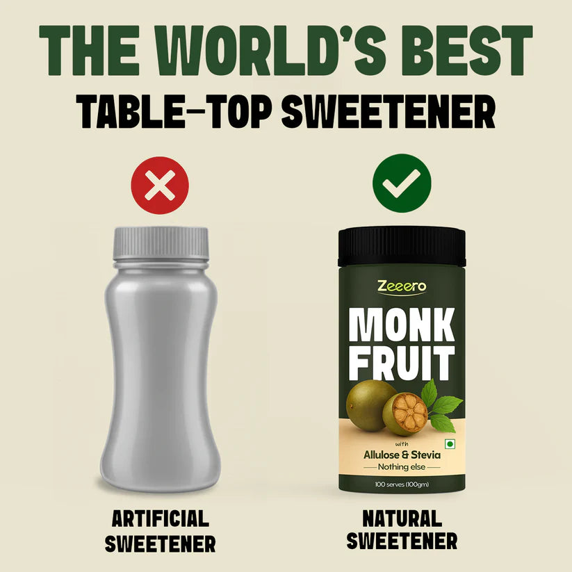 Monk Fruit 5X Sweetener with Allulose &amp;  Stevia - Sugar Free  -Zero Calorie, Sugar Free - No Added Preservatives, No Artificial sweeteners  -Zeeero - 100gm