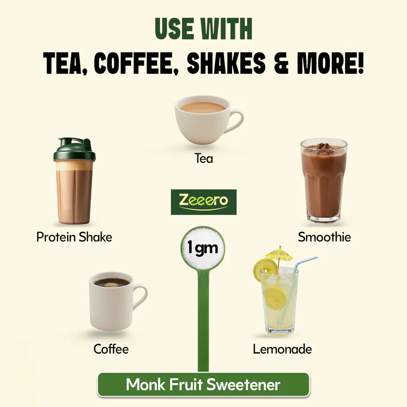Monk Fruit 5X Sweetener with Allulose &amp;  Stevia - Sugar Free  -Zero Calorie, Sugar Free - No Added Preservatives, No Artificial sweeteners  -Zeeero - 100gm