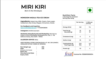 Ice Cream| Monsoon Masala Tea Ice Cream-Assam Tea Leaves, Mixed Kerala Spices-Comforting, Creamy, Aromatic -No Artificial Flavours or Colours - Miri Kiri – 250gm