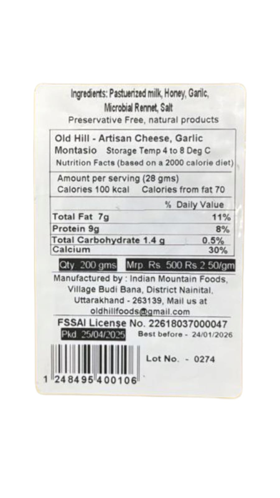 Cheese | Montasio Cheese (With Garlic) - 100% Natural - No Added Preservatives - Old Hill - 200gm