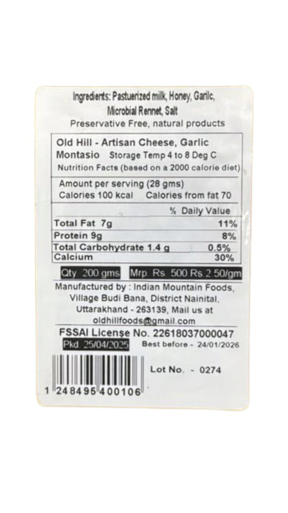 Cheese | Montasio Cheese (With Garlic) - 100% Natural - No Added Preservatives - Old Hill - 200gm