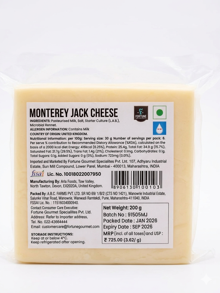 Cheese | Monterey Jack Cheese-Mild Semi Hard Cheese Perfect For Melting – Pasteurized Milk - Fiorella - 200gm