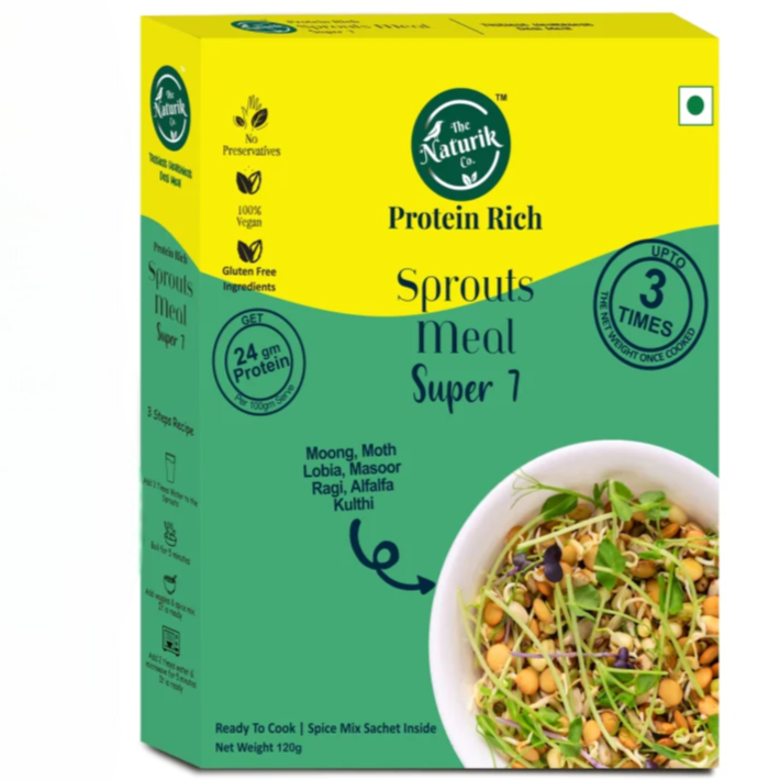 Mixed Sprouts | Sprouts With Spice Mix - Super 7 Mixed Sprouts (Moong, Moth, Lobia, Masoor, Ragi, Alfalfa, Kulthi) - Vegan, Gluten Free Ingredients, No Sugar, No Maida, No Added Preservatives - The Naturik Co - 120gm