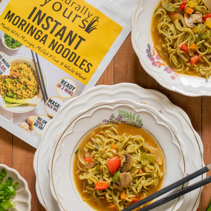 Noodles | Moringa Instant Ramen Noodles (Made With Moringa, Millet Flour &amp; Whole Wheat) - 100% Jain - High in Protein, Fiber, &amp; Calcium - No Onion, Garlic, No Maida &amp; No Artificial Colors Or Preservatives Free - Naturally Yours - 175gm