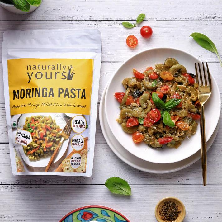 Pasta | Moringa Pasta (Made With Moringa Millet Flour &amp; Whole Wheat) - 100% Jain - No Onion, Garlic, No Maida &amp; No Artificial Colors Or Preservatives Free - Naturally Yours - 175gm