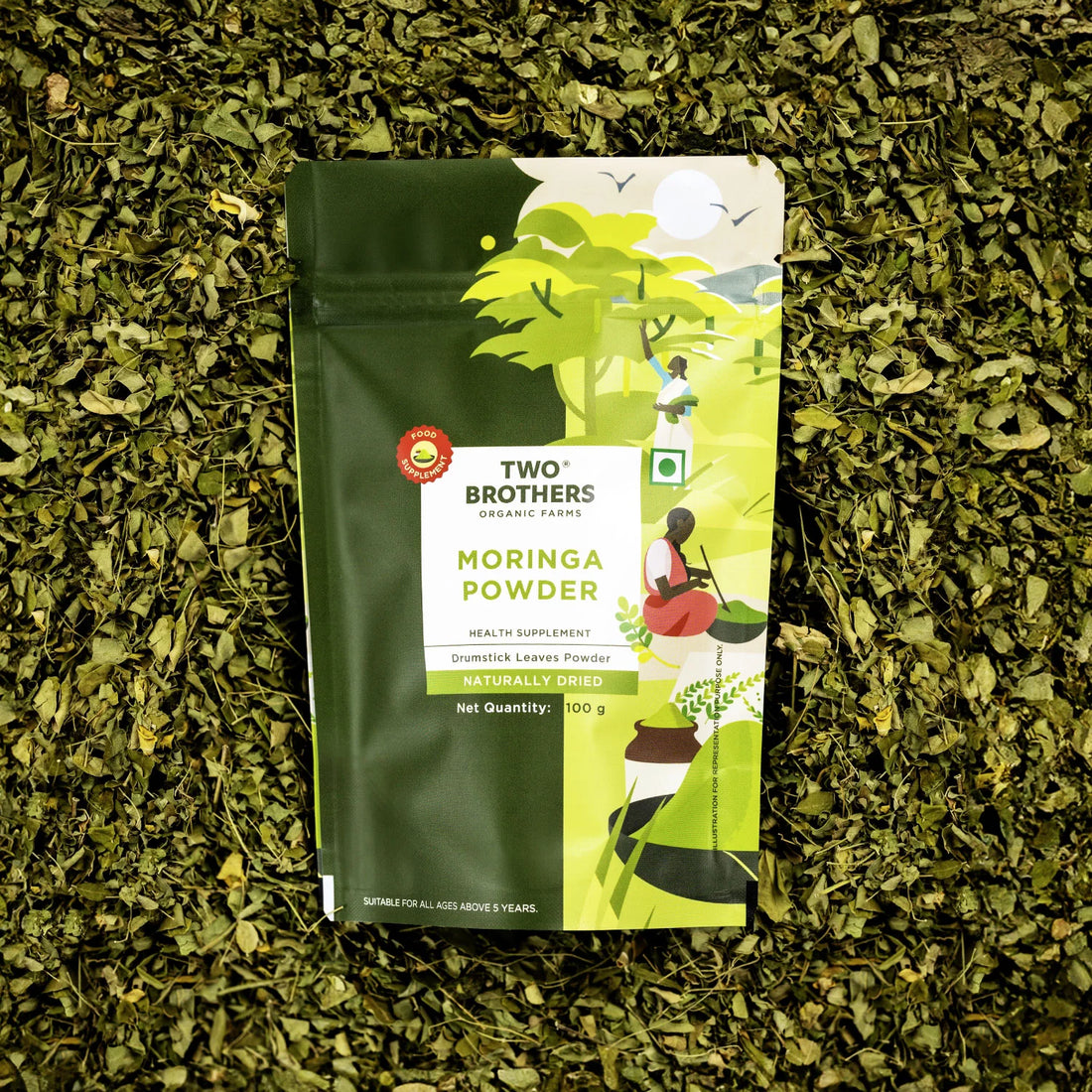 Moringa Powder | Drumstick Leaves Powder - Lab Tested - Naturally Dried - High In Vitamin C, Chemical Free & No Added Preservatives - Two Brothers - 100gm