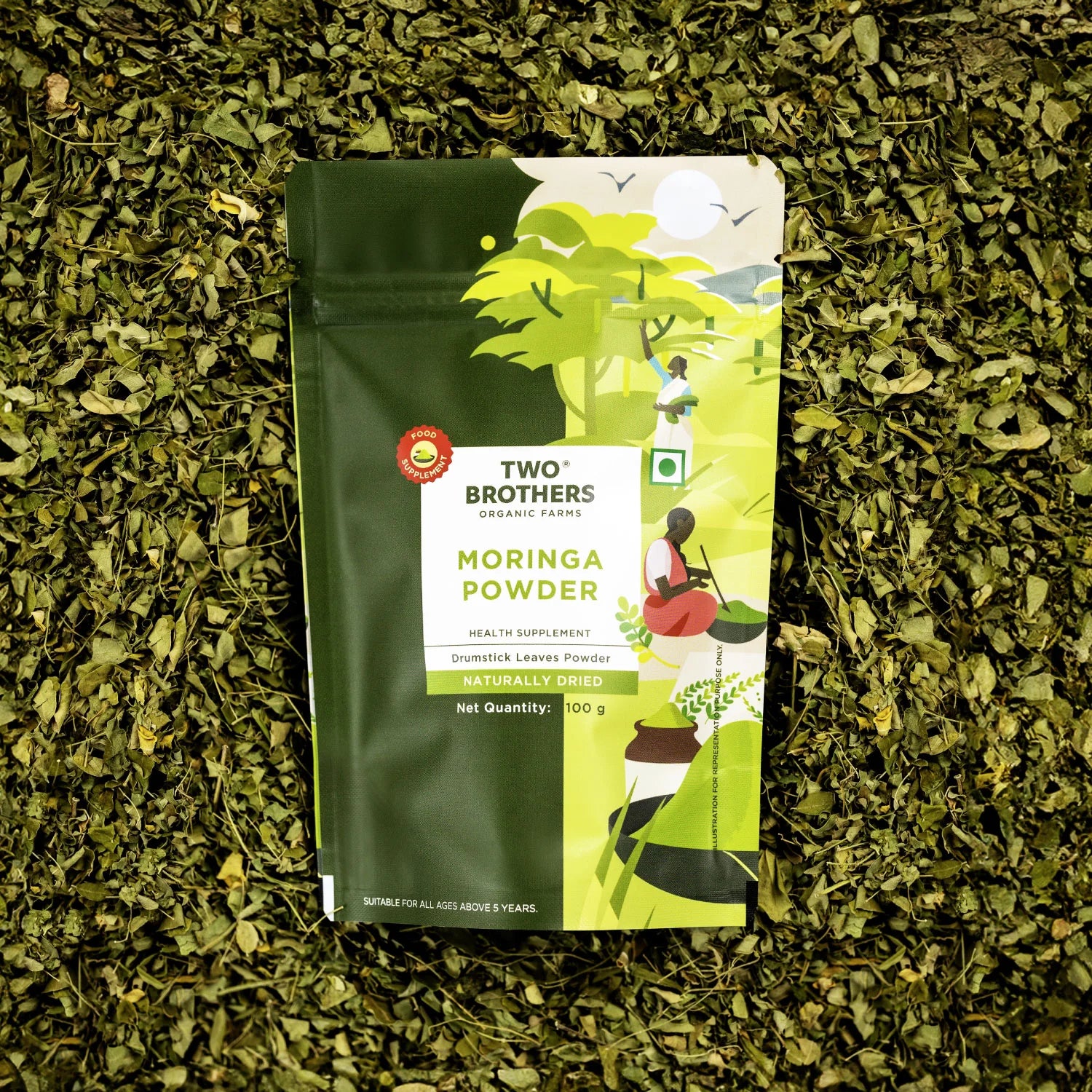Moringa Powder | Drumstick Leaves Powder - Lab Tested - Naturally Dried - High In Vitamin C, Chemical Free &amp; No Added Preservatives - Two Brothers - 100gm