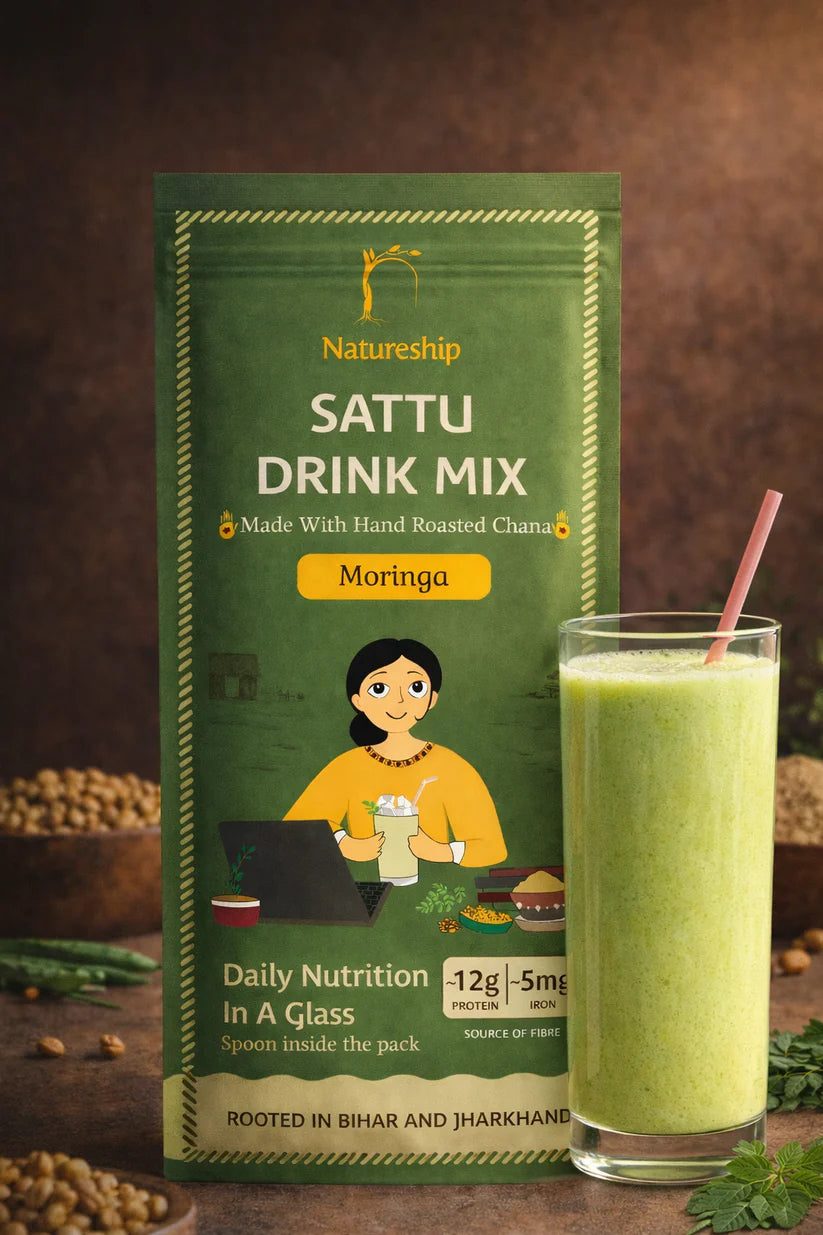 Moringa Sattu Drink Mix -Gluten Free, Vegan &amp; Gut Friendly-100% Natural- Hand Roasted &amp; Stone Ground Chana Sattu – Gluten Free, High In Protein And Fiber Or Preservatives  Free - Natureship - 54gm