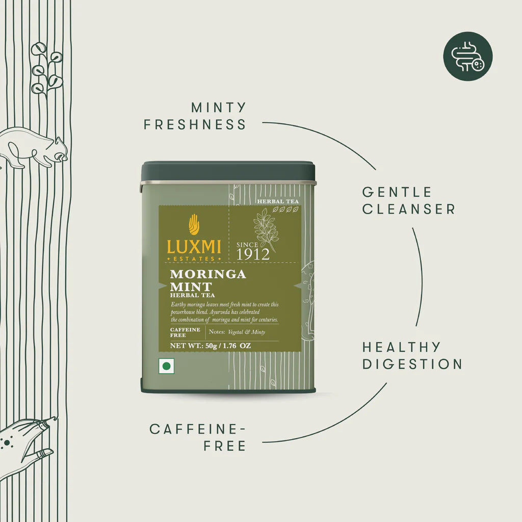 Herbal Tea | Moringa Mint Herbal Tea  - Caffeine Free  – Sweet, Smooth, Aromatic, Notes - USDA Organic – Luxmi Estates – 50gm